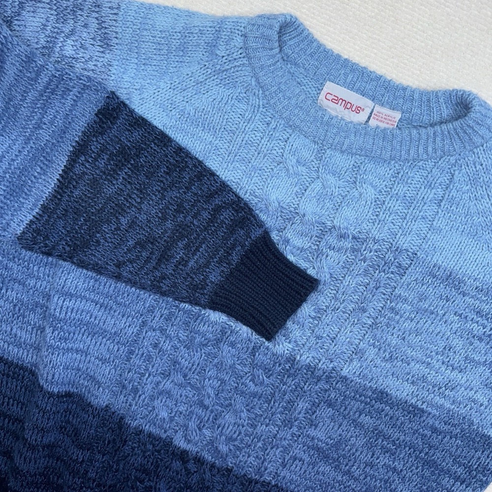 Vintage Campus Sweater Men's  Blue Large Cable Knit Acrylic‎ Pullover